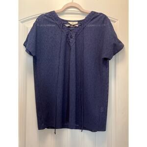 Entro Women’s Lace-up Sheer V-Neck Short Sleeves Pullover Casual Top Size S Blue